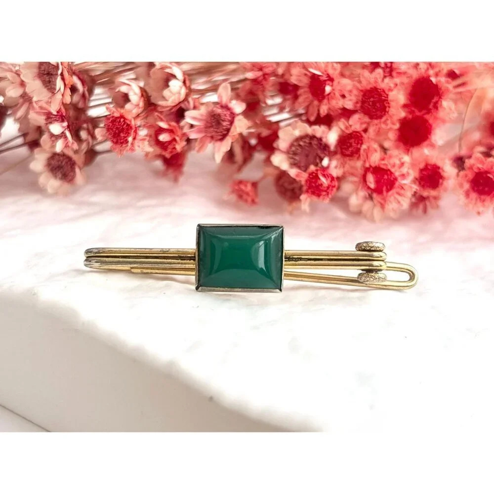 Swank Signed Faux Green Stone Gold Toned Vintage Men's Tie Bar | Tie Clip